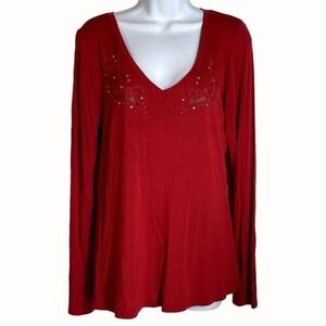 Ariat Embellished Top Long Sleeve V-Neck Rhinestone Detail Red Size‎ M